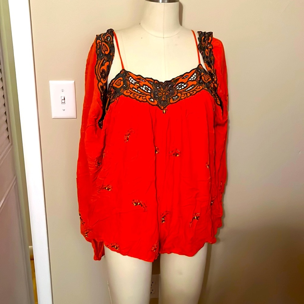 Free People Embroidered Orange Batwing Romper S